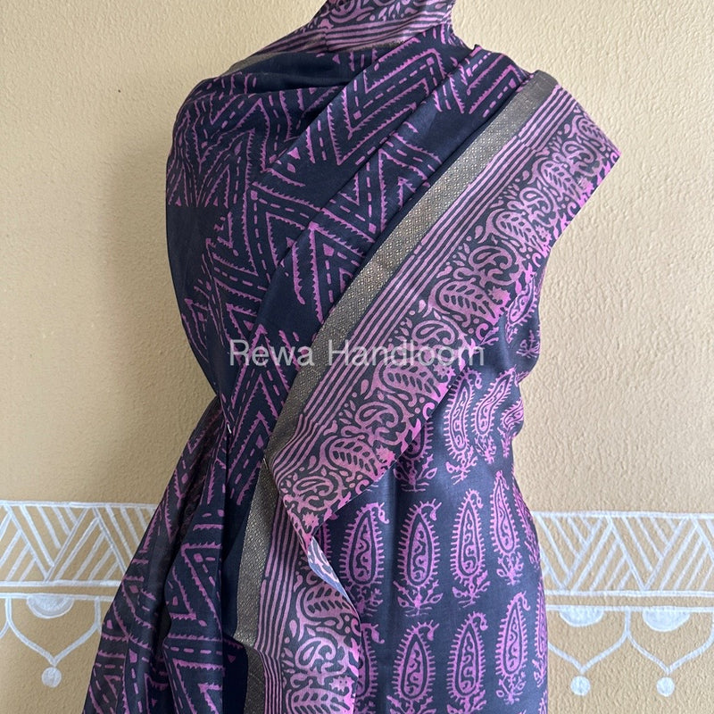 Black Batik Print Silk Top-Dupatta BPSD07