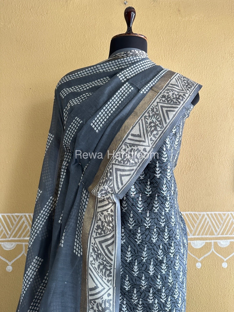 Grey Batik Print Silk Top-Dupatta BPSD04