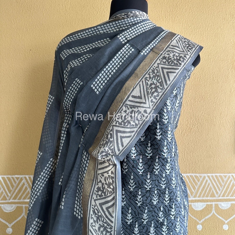 Grey Batik Print Silk Top-Dupatta BPSD04