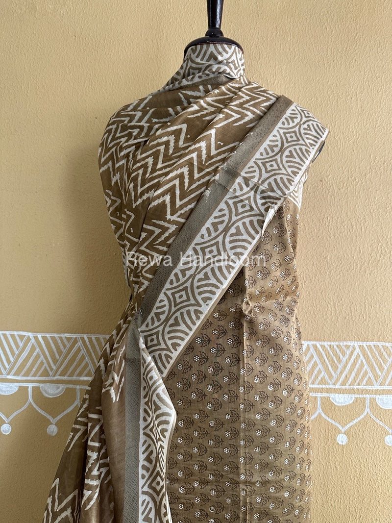 Olive Green Batik Print Silk Top-Dupatta BPSD06