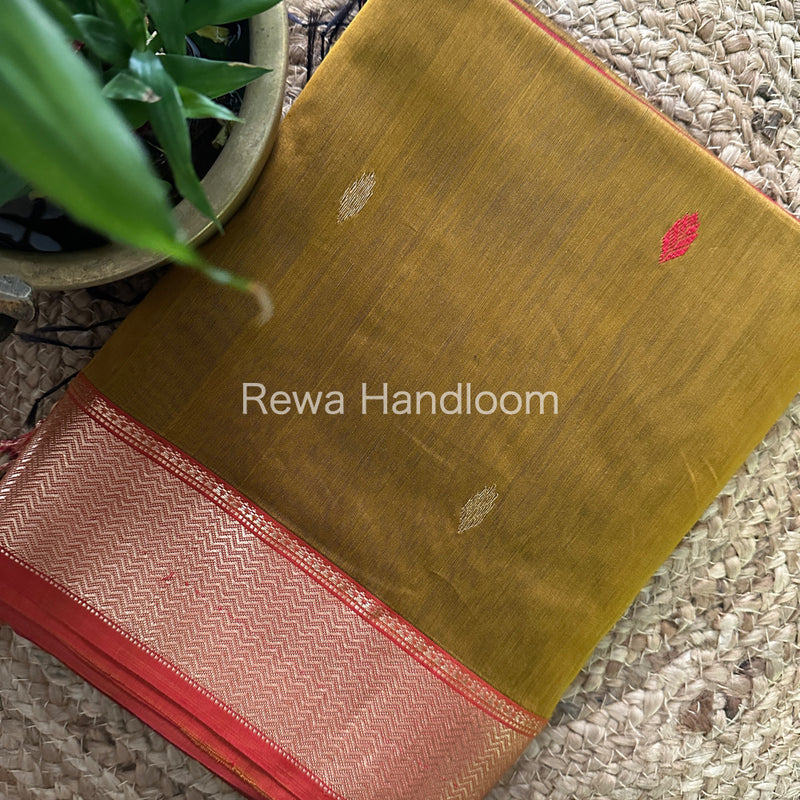 Maheshwari Mustard Green Zari Butti Saree PTB052