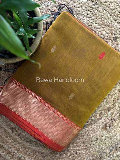 Maheshwari Mustard Green Zari Butti Saree PTB052