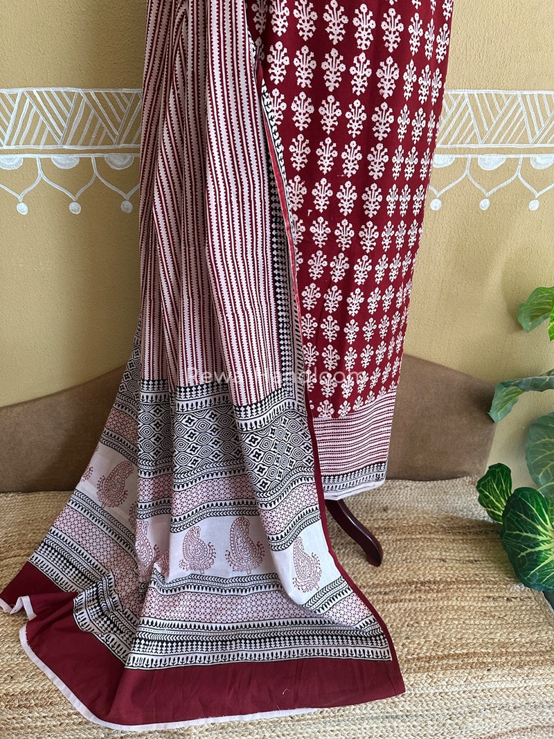 Maroon-Off White Bagh Print Cotton Suit BCSP0123