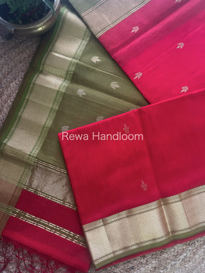 Red Zari Butti ~ Maheshwari Saree-PTB071