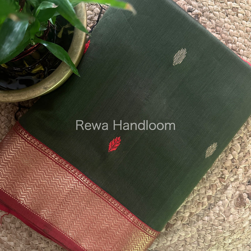 Maheshwari Dark Green Zari Butti Saree PTB72