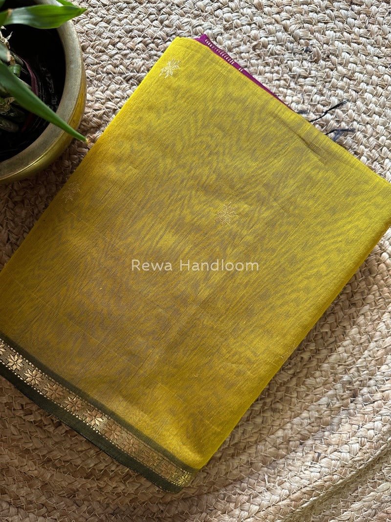Mustard Yellow-Magenta Zari Butti Maheshwari Saree SBS0029