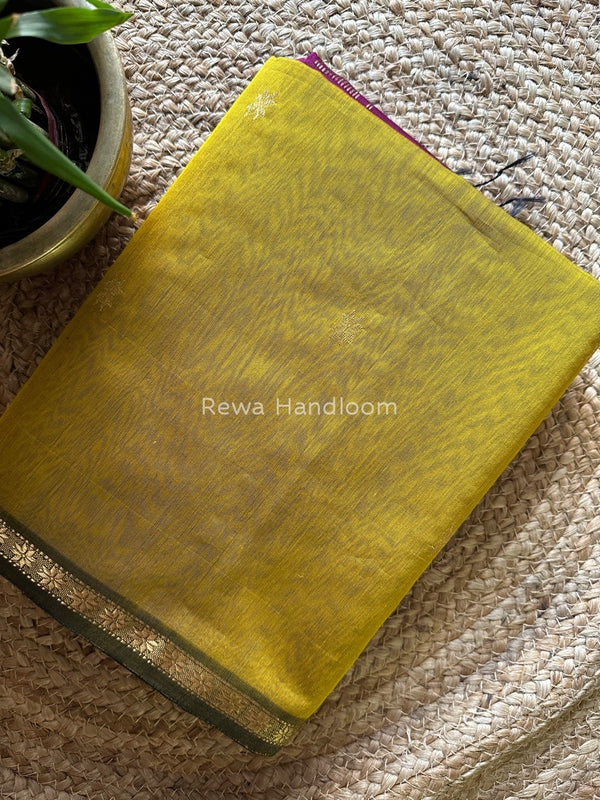 Mustard Yellow-Magenta Zari Butti Maheshwari Saree SBS0029