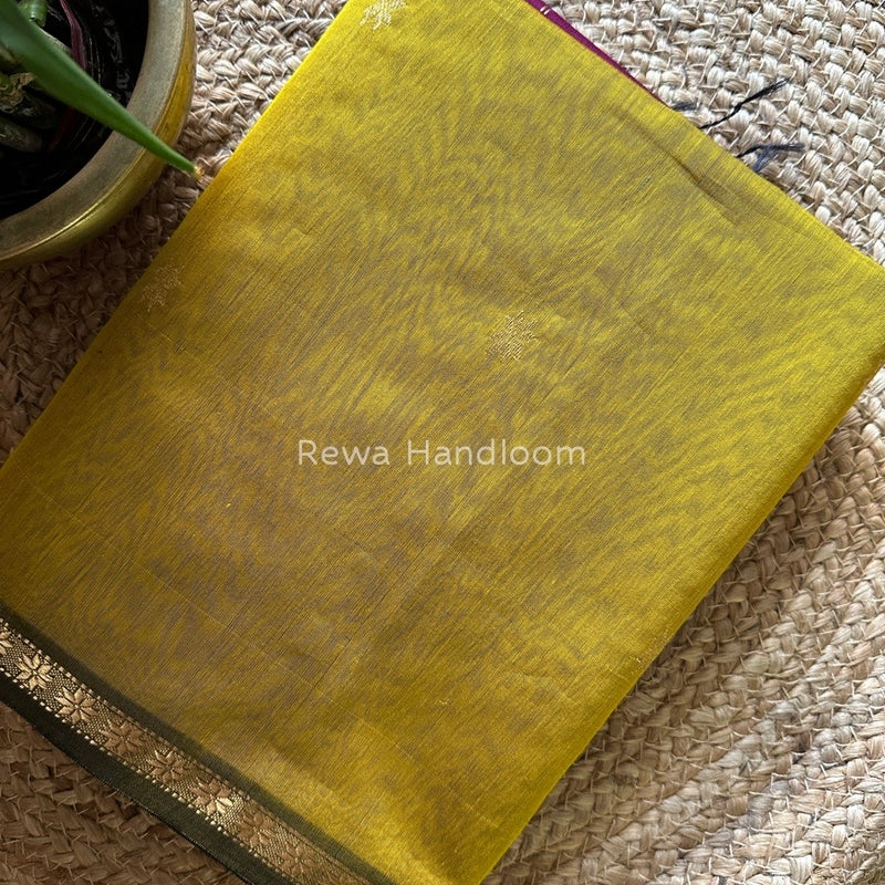 Mustard Yellow-Magenta Zari Butti Maheshwari Saree SBS0029