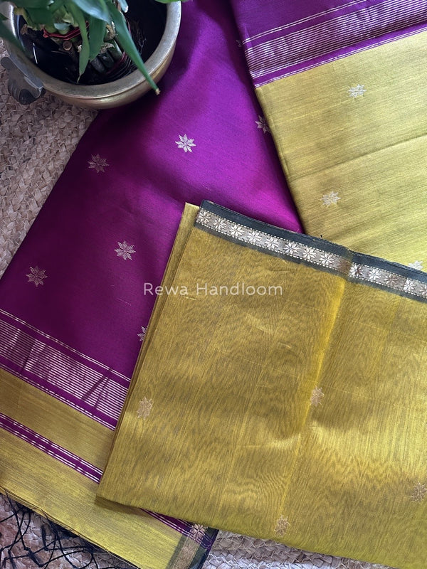 Mustard Yellow-Magenta Zari Butti Maheshwari Saree SBS0029