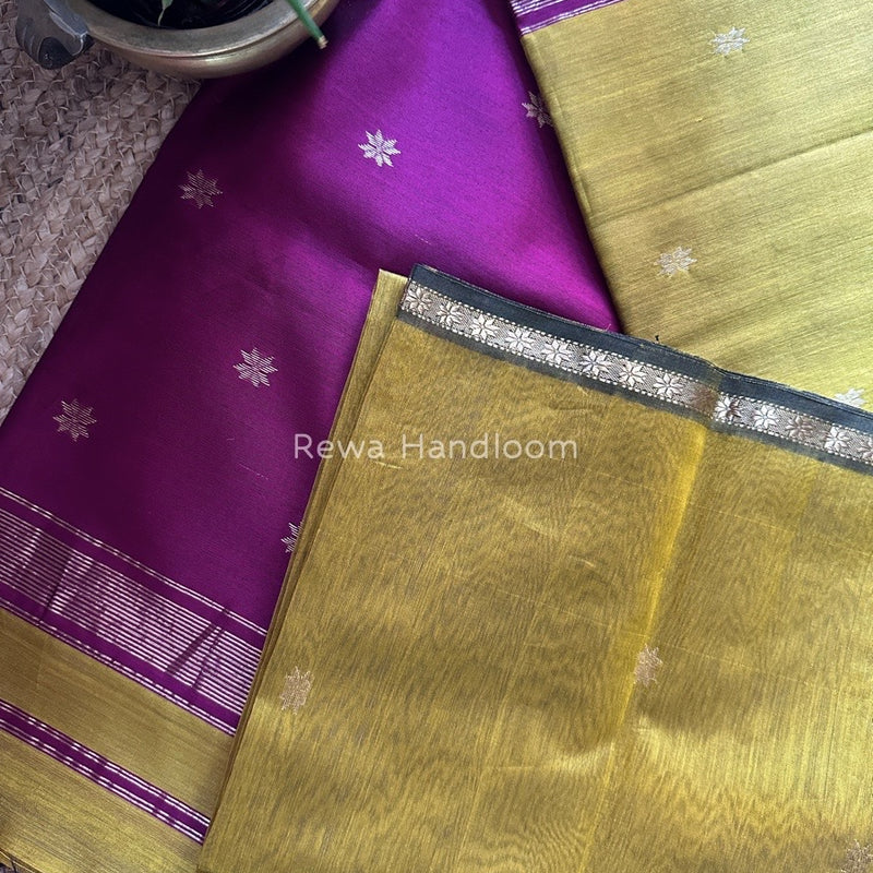 Mustard Yellow-Magenta Zari Butti Maheshwari Saree SBS0029