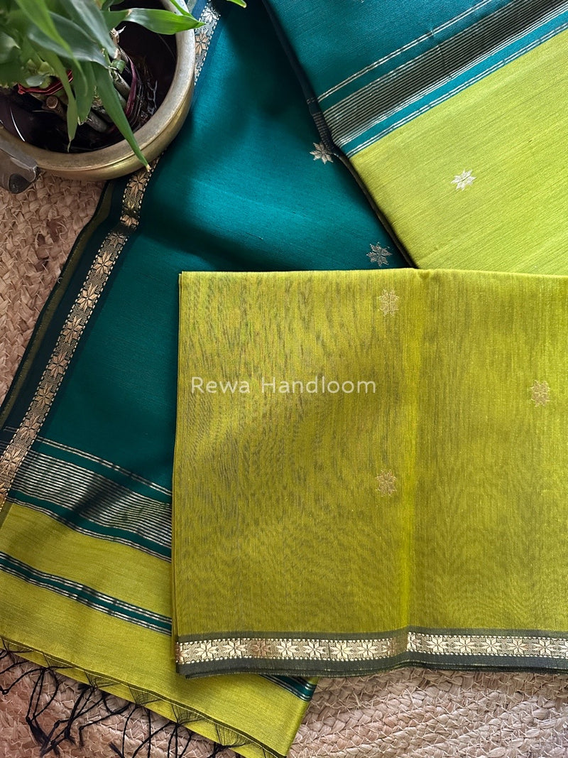 Green-Bottle Green Zari Butti Maheshwari Saree SBS0022