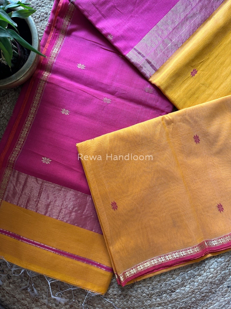 Golden Yellow-Rani Pink Zari Butti Maheshwari Saree SBS0027