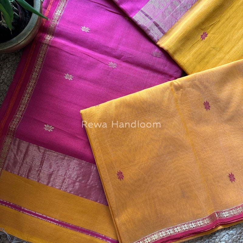Golden Yellow-Rani Pink Zari Butti Maheshwari Saree SBS0027