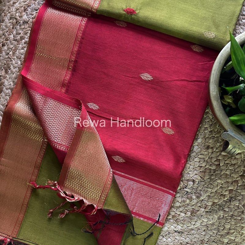 Mehandi Green Zari Butti ~ Maheshwari Saree-PTB082