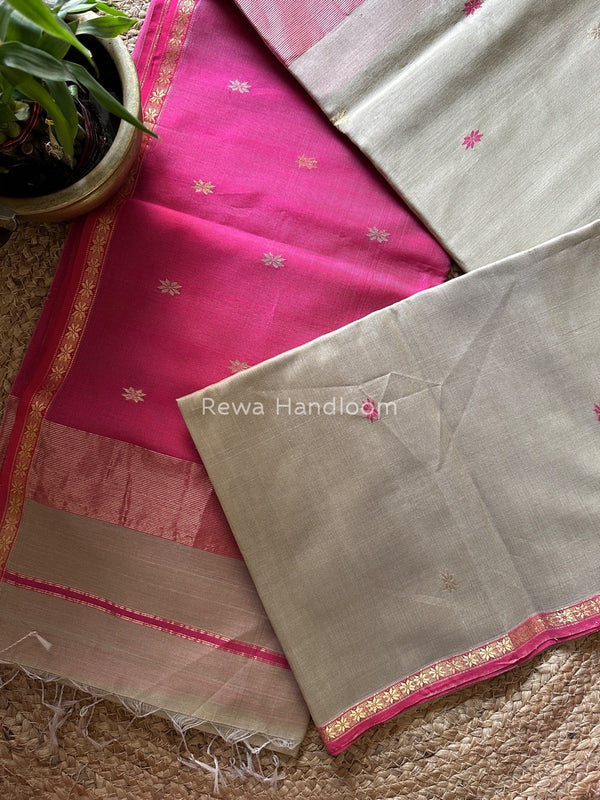 Beige-Rani Pink Zari Butti Maheshwari Saree SBS0028