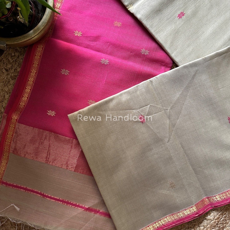 Beige-Rani Pink Zari Butti Maheshwari Saree SBS0028