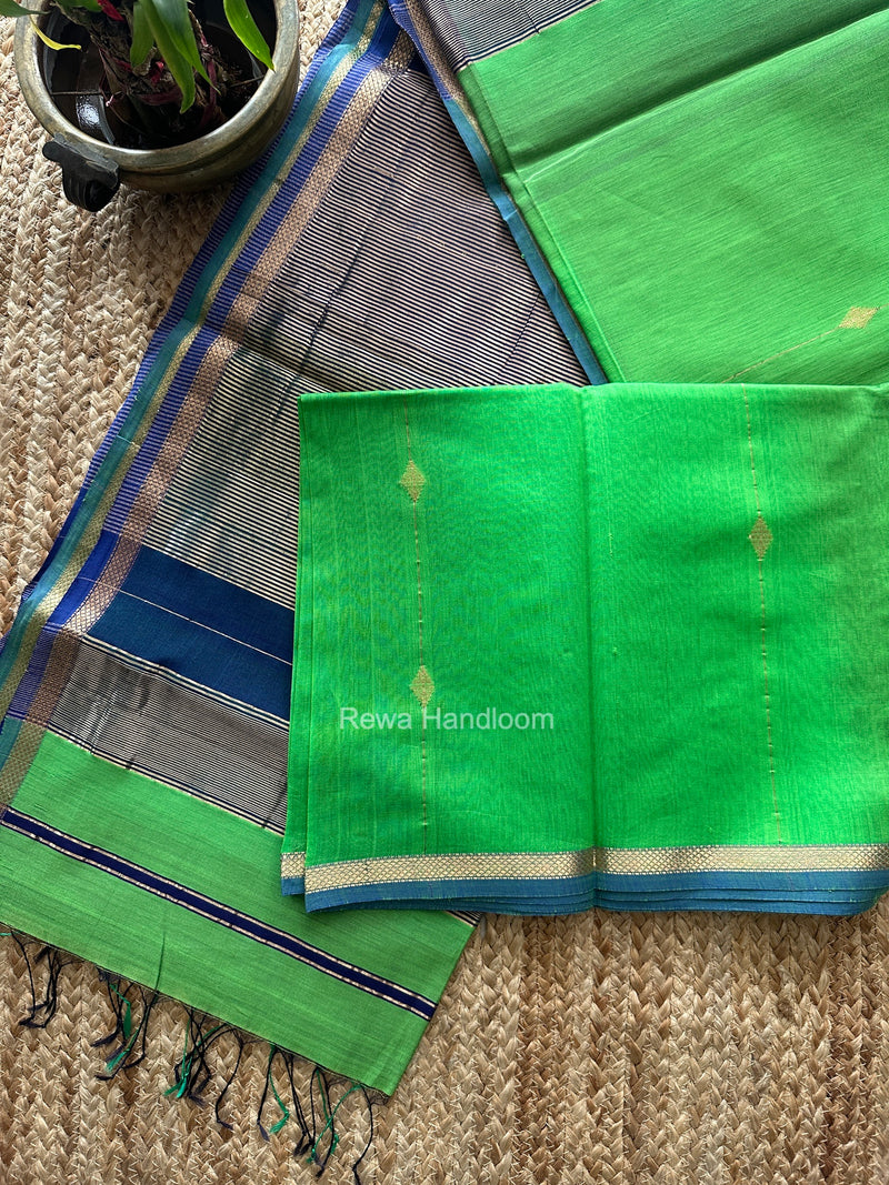 Parrot Green Lining Butti Shaded Maheshwari Saree SBS0146