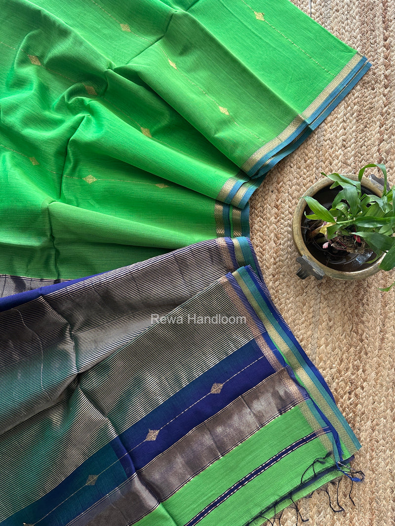 Parrot Green Lining Butti Shaded Maheshwari Saree SBS0146