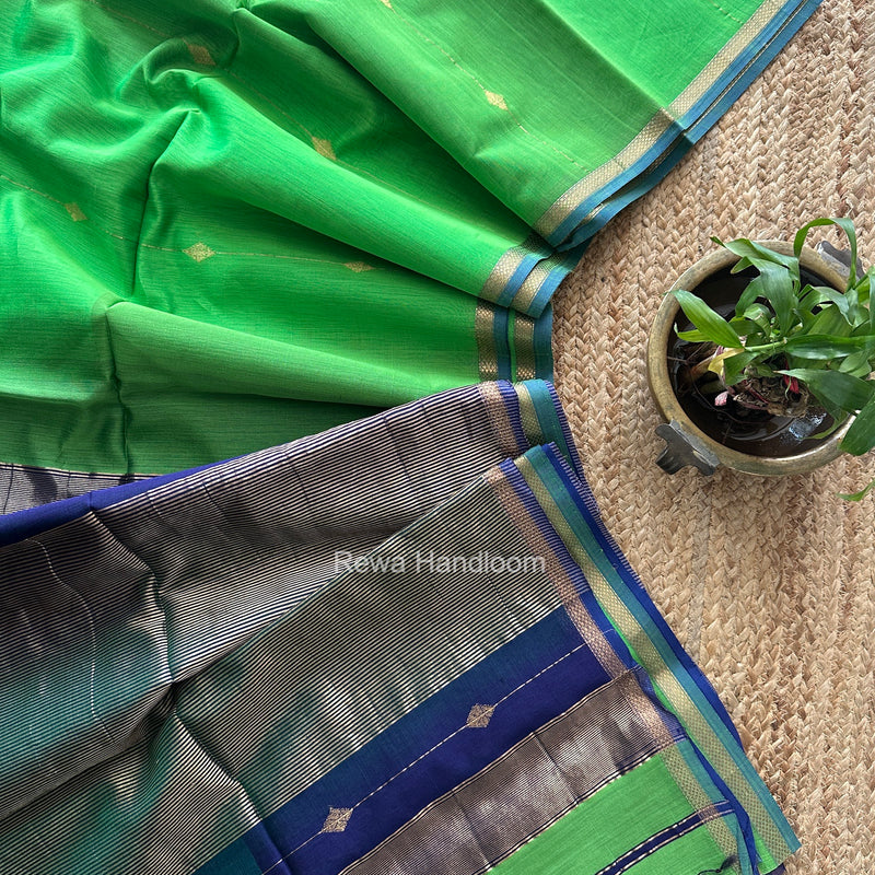 Parrot Green Lining Butti Shaded Maheshwari Saree SBS0146
