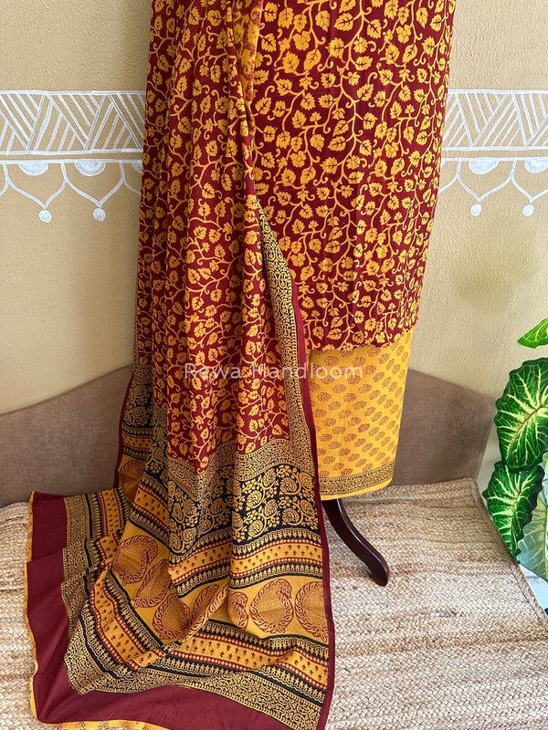 Mustard Yellow-Maroon Bagh Print Cotton Suit BCSP0133