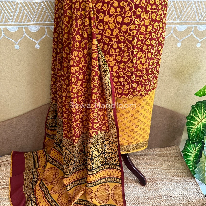 Mustard Yellow-Maroon Bagh Print Cotton Suit BCSP0133