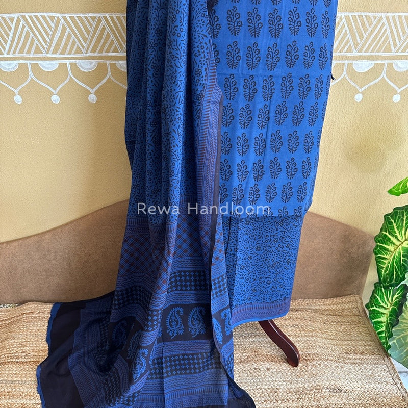 Blue-Black Bagh Print Cotton Suit BCSP0109