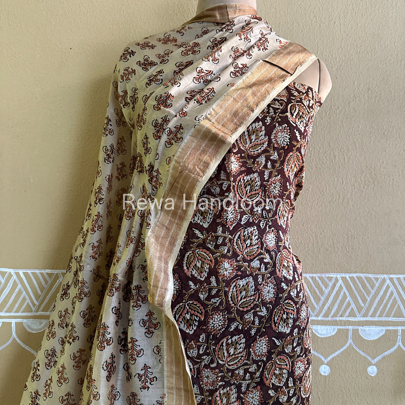 Maheshwari Chocolate-Beige Bagru Printed Dress Material BTP130