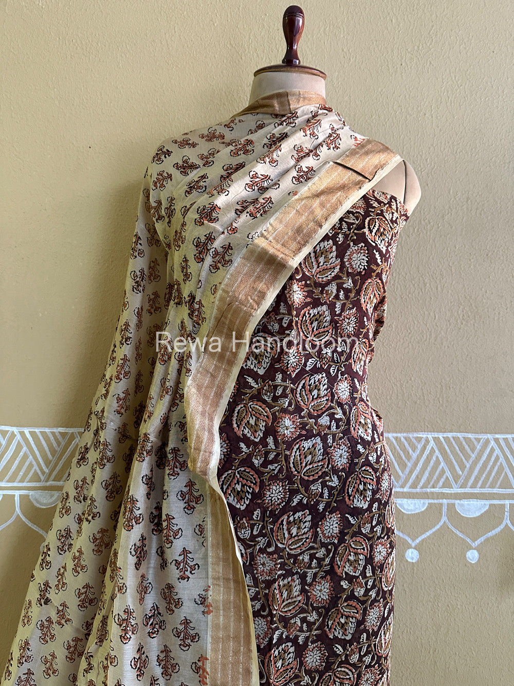 Maheshwari Chocolate-Beige Bagru Printed Dress Material BTP130