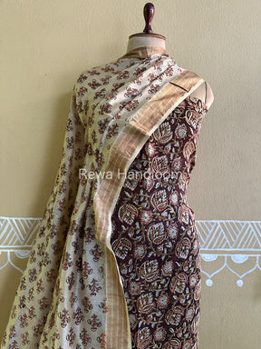 Maheshwari Chocolate-Beige Bagru Printed Dress Material BTP130