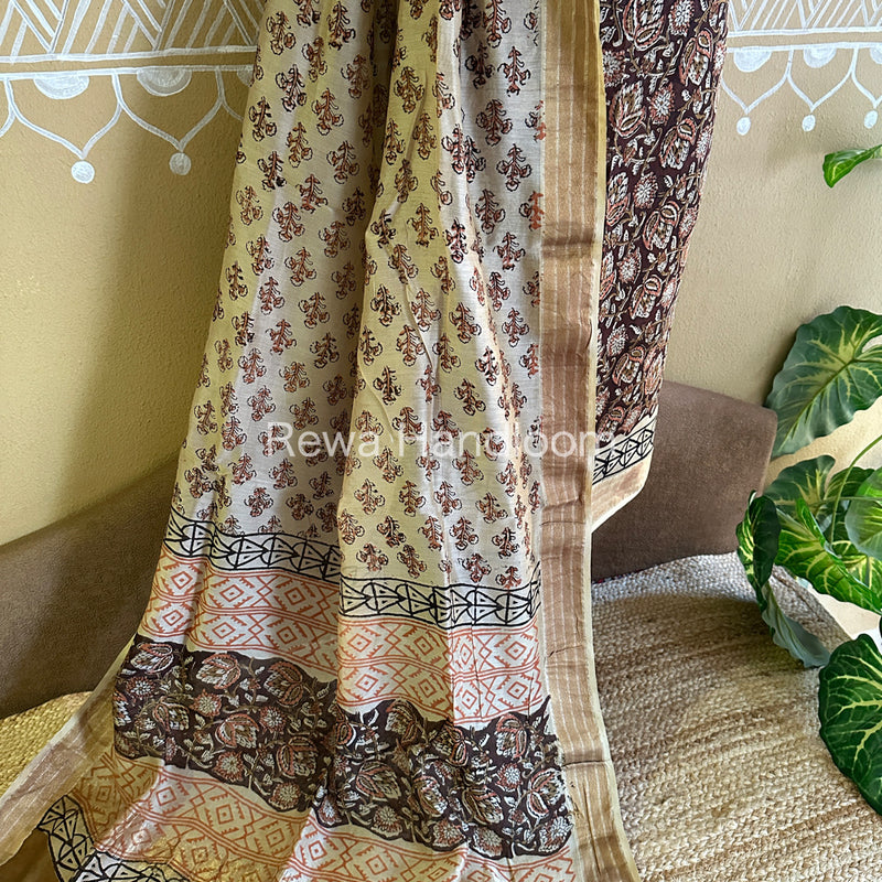 Maheshwari Chocolate-Beige Bagru Printed Dress Material BTP130