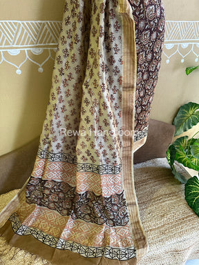 Maheshwari Chocolate-Beige Bagru Printed Dress Material BTP130