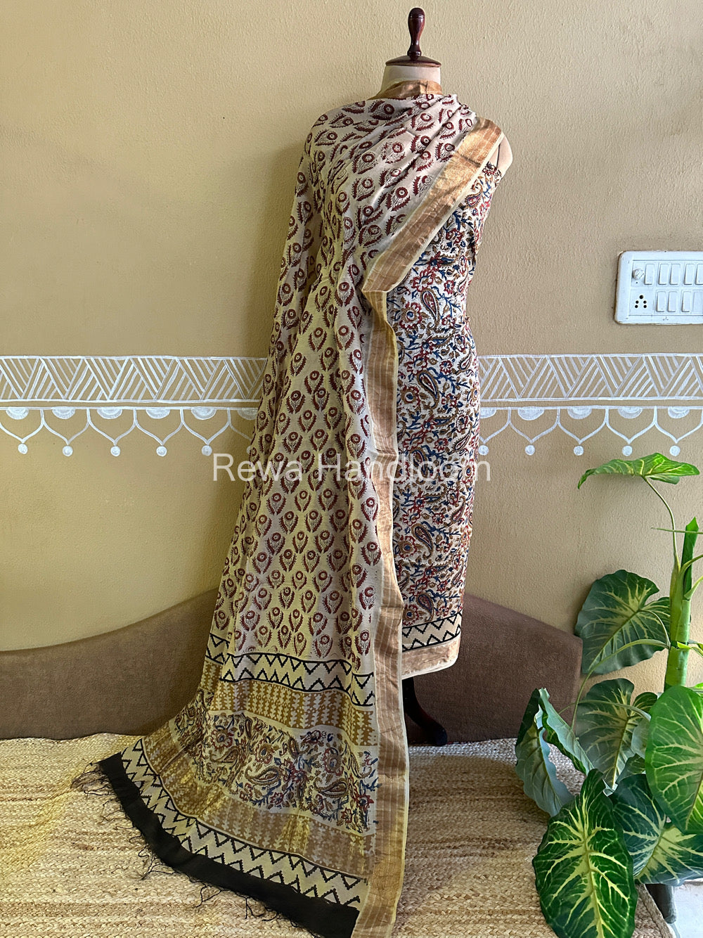 Maheshwari Beige Bagru Printed Dress Material-BTP129