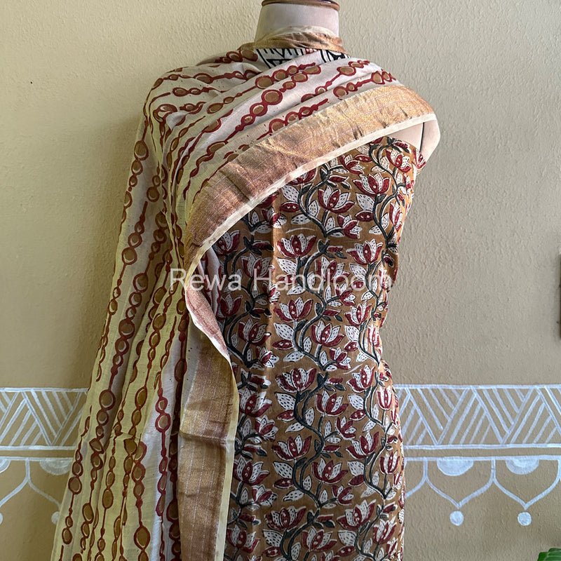 Maheshwari Mustard Yellow-Beige Bagru Printed Dress Material BTP128
