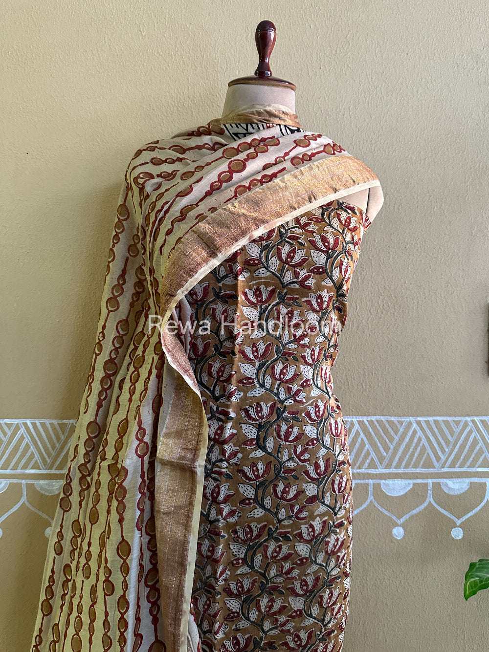 Maheshwari Mustard Yellow-Beige Bagru Printed Dress Material BTP128