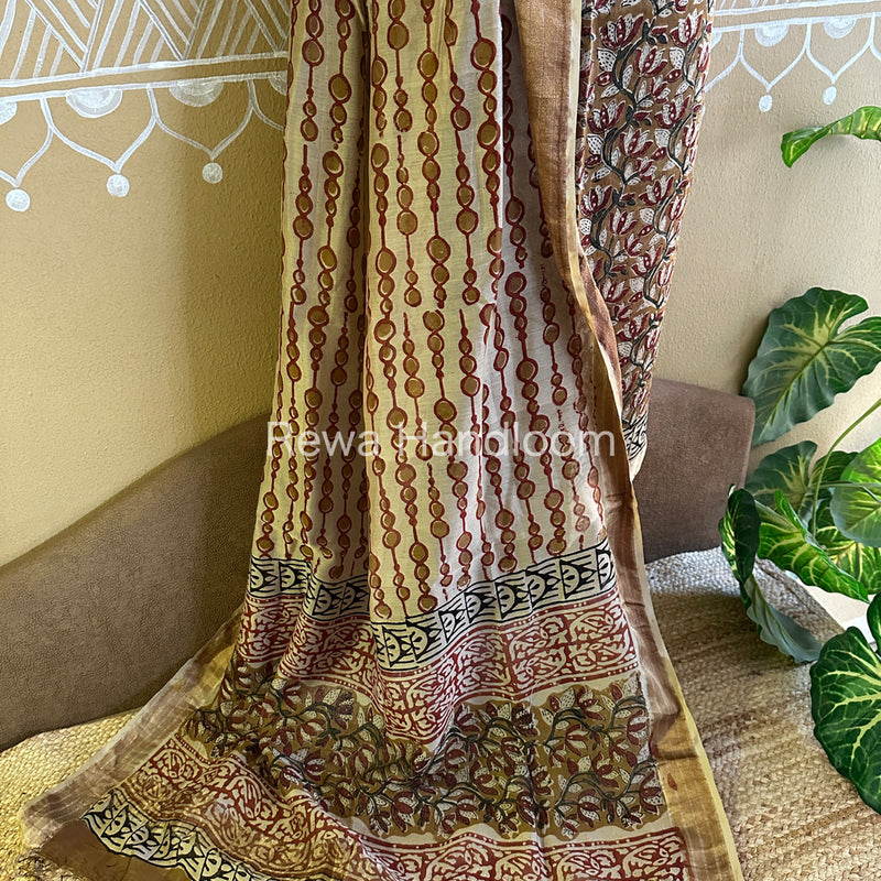 Maheshwari Mustard Yellow-Beige Bagru Printed Dress Material BTP128
