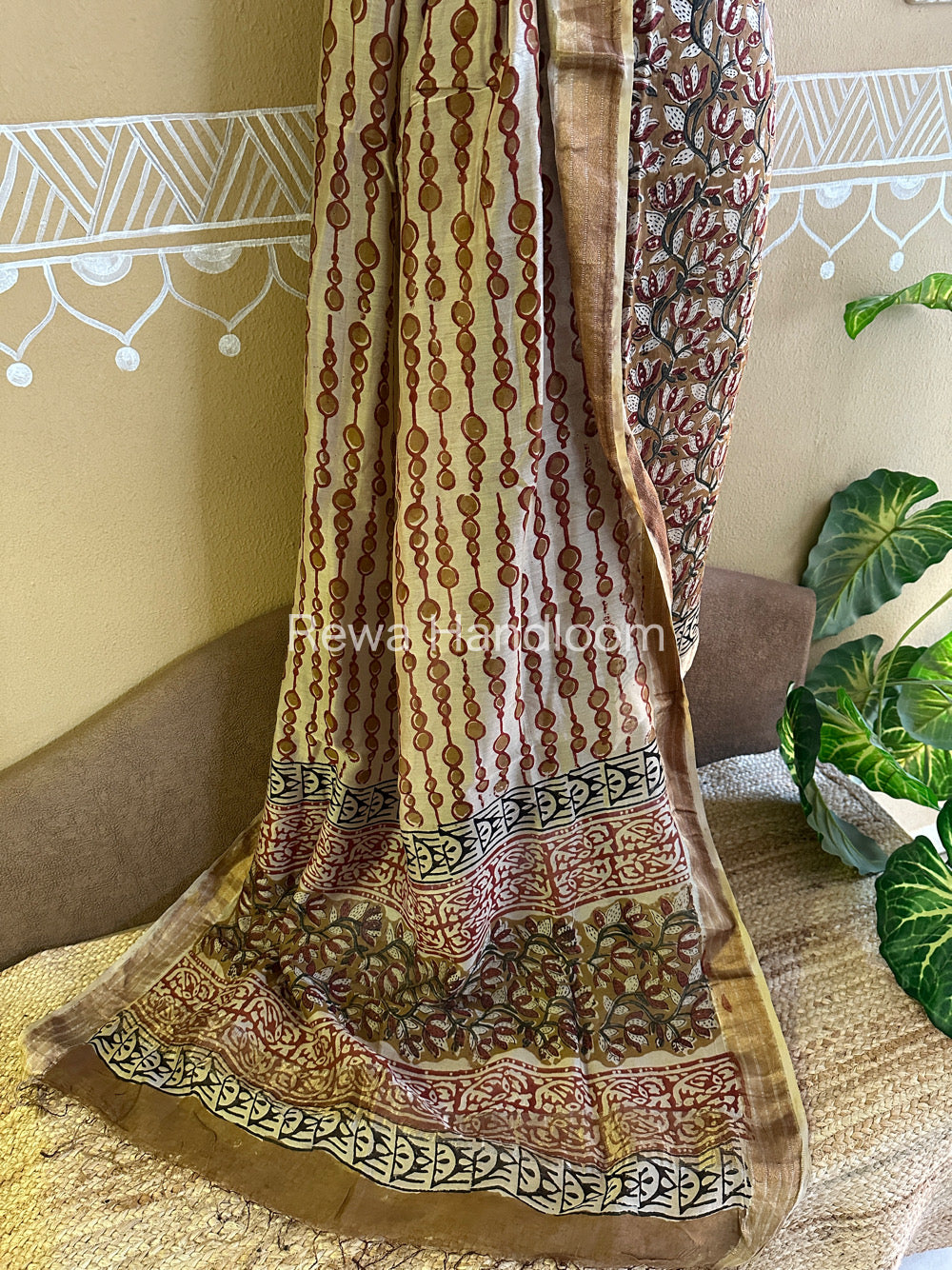 Maheshwari Mustard Yellow-Beige Bagru Printed Dress Material-BTP128