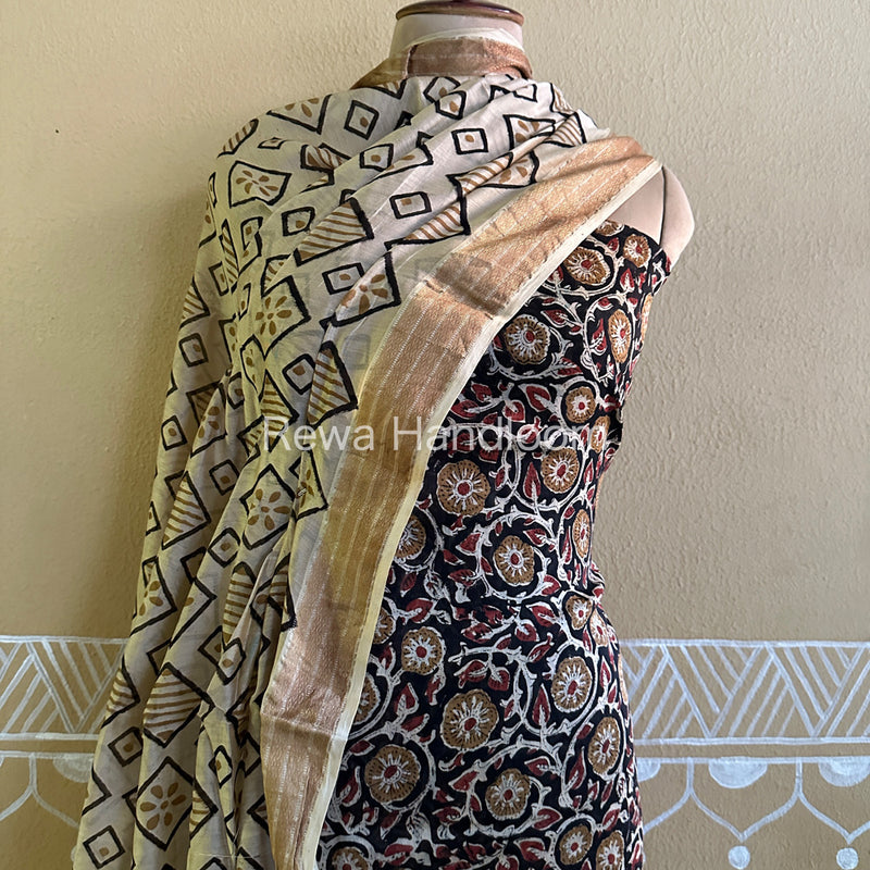 Maheshwari Black-Beige Bagru Printed Dress Material BTP126