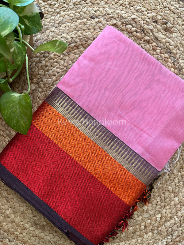 Maheshwari Pink Multicolor Border Saree MB01