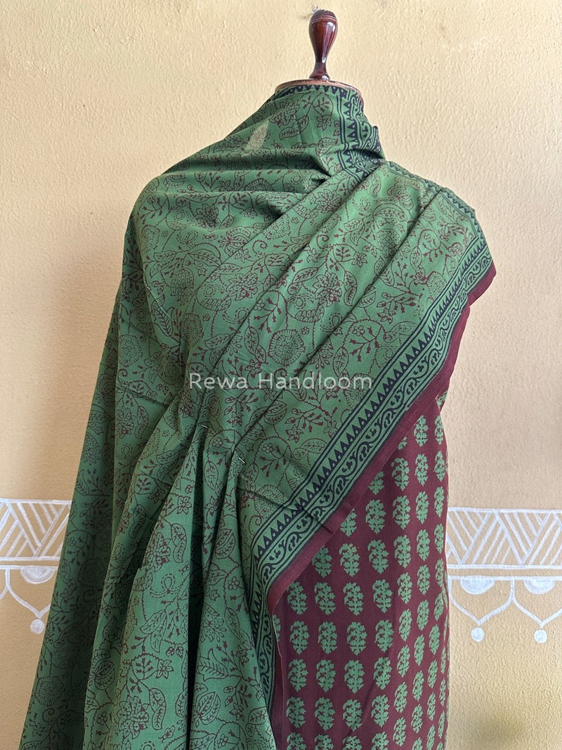 Maroon-Mehendi Green Bagh Print Cotton Suit BCSP0110