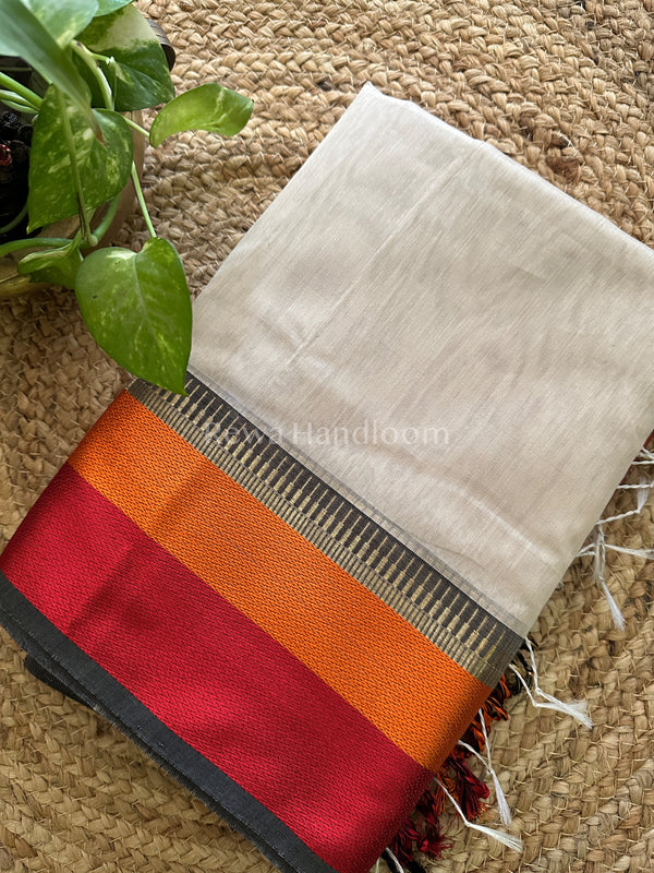 Maheshwari Light Cream Multicolor Border Saree MB02
