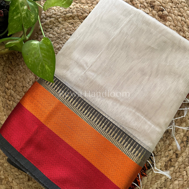 Maheshwari Light Cream Multicolor Border Saree MB02