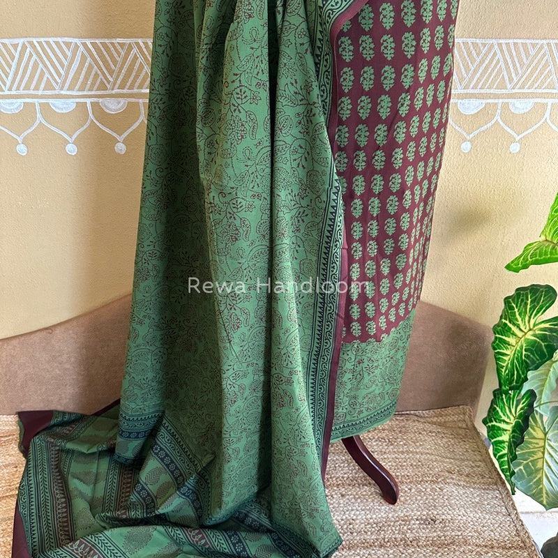 Maroon-Mehendi Green Bagh Print Cotton Suit BCSP0110