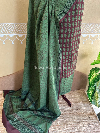 Maroon-Mehendi Green Bagh Print Cotton Suit BCSP0110