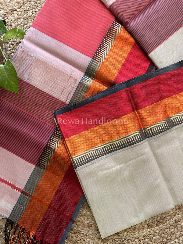 Maheshwari Light Cream Multicolor Border Saree MB02