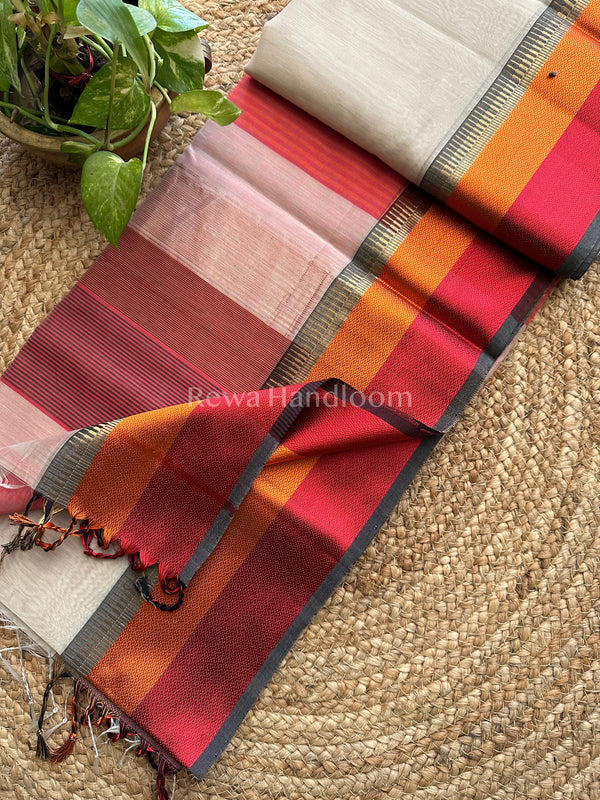 Maheshwari Light Cream Multicolor Border Saree MB02