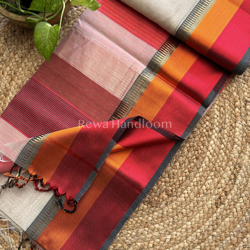 Maheshwari Light Cream Multicolor Border Saree MB02