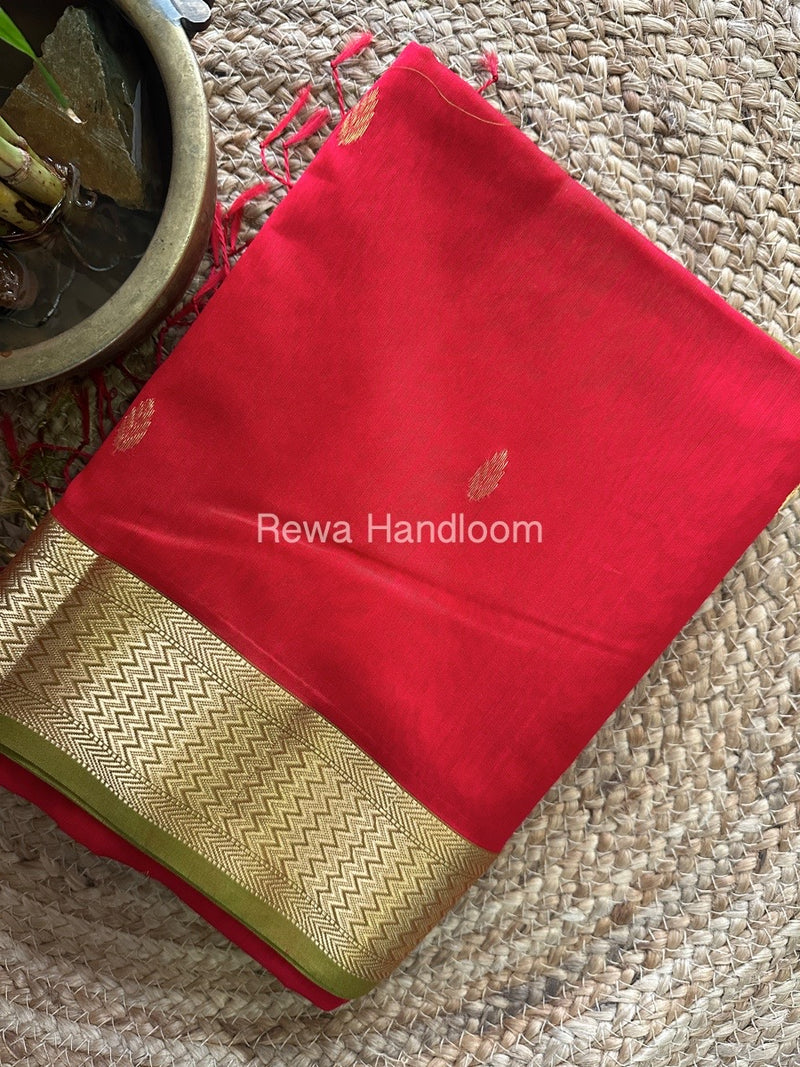 Red Zari Butti Maheshwari Saree PTB0135