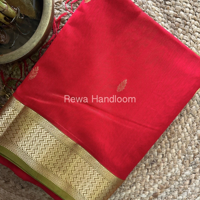 Red Zari Butti Maheshwari Saree PTB0135