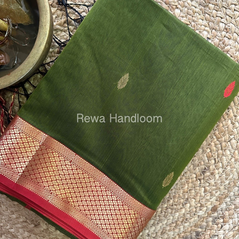 Mehendi Green Zari Butti Maheshwari Saree PTB0137