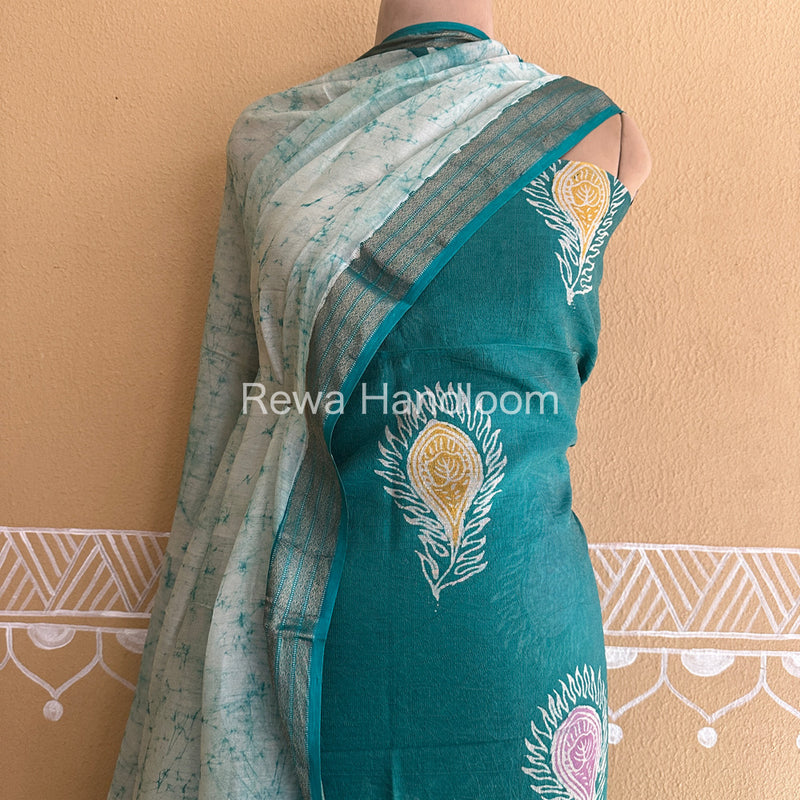 Maheshwari Rama Green Batik Tissue Printed Dress Material-BTP153